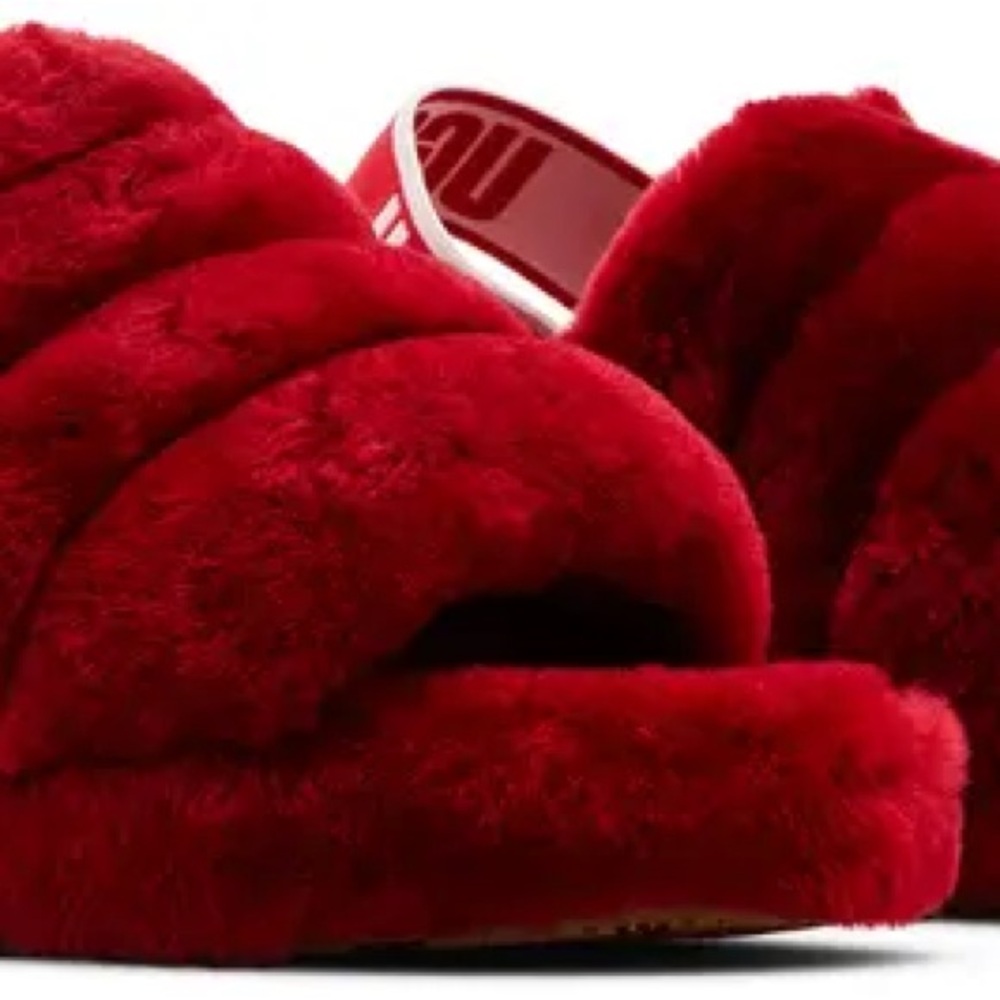 UGG Red Plush Slippers with Open Back and Spacious Toe Area